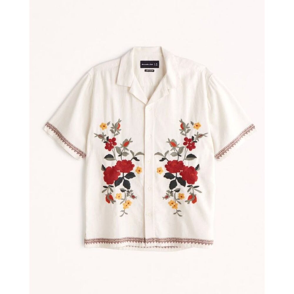 Abercrombie red floral embroidered shirt, size XS